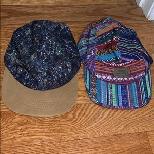 Two 5 panel hats. Colorful hat is Obey brand.